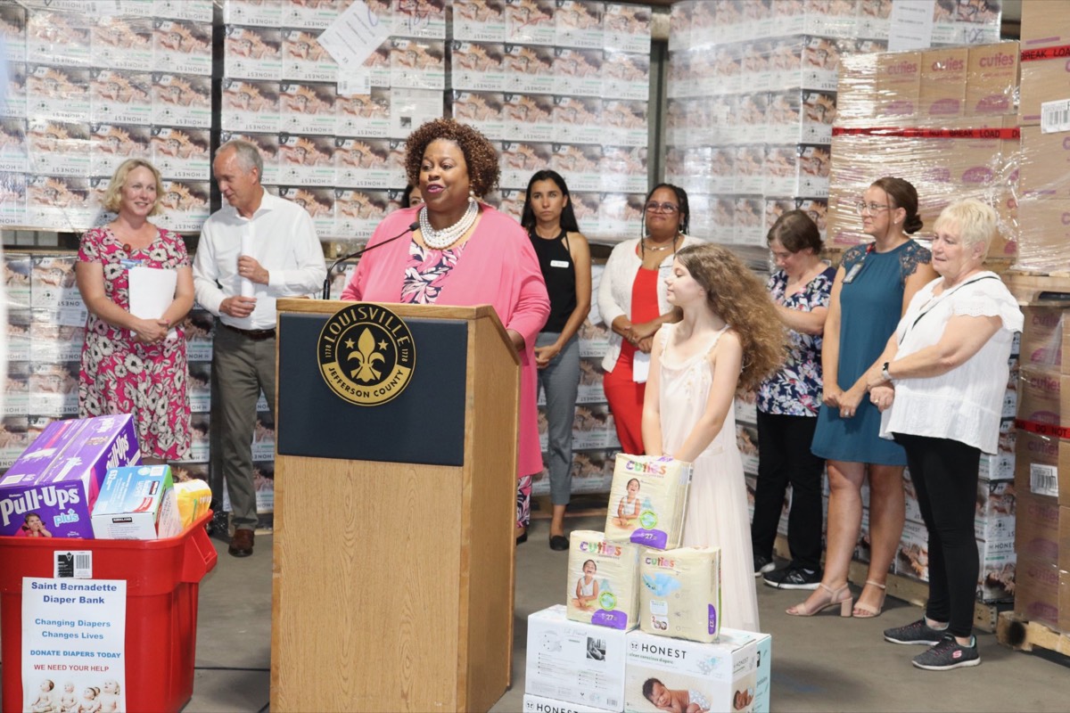 Dr. McCraney speaking at the Saint Bernadette Diaper Bank press conference