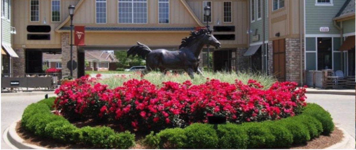 Horse statue and flowers in District 7